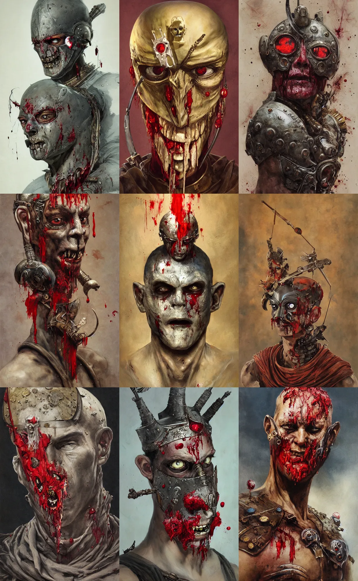Prompt: A mixed media portrait painting of a man wearing the mask of damocles, detailed mask, blood droplets, detailed jaw and eyes, by Frank Frazetta, Boris Vallejo, Greg Rutkowski, Beeple, Yoko Taro, Christian MacNevin, epic fantasy character art, roman numerals, high fantasy, CGsociety, full length, exquisite detail, post-processing, masterpiece, cinematic, coliseum backdrop