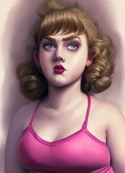 Image similar to full body portrait, teenage betty cooper, blonde hair, obese, bangs, ponytail, sultry, realistic, sultry smirk, fluffy bangs, curly bangs, fat, belly, beautiful girl, intricate, elegant, highly detailed, digital painting, artstation, concept art, smooth, sharp focus, illustration, art by wlop, mars ravelo and greg rutkowski