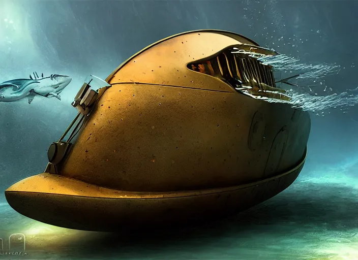 Image similar to metal submarine underwater in the lake of an alien planet, digital art, detailed, artgerm, artstation, deviant art, by kim keever