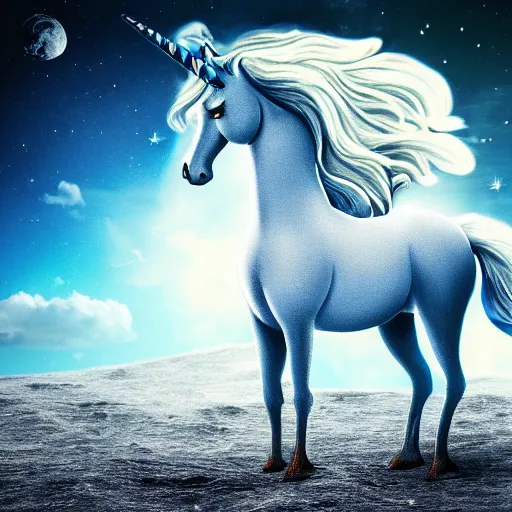 Prompt: A lonely blue unicorn-pegasus sits on the moon's surface, sitting on piles of moon dust with a sad look on her face