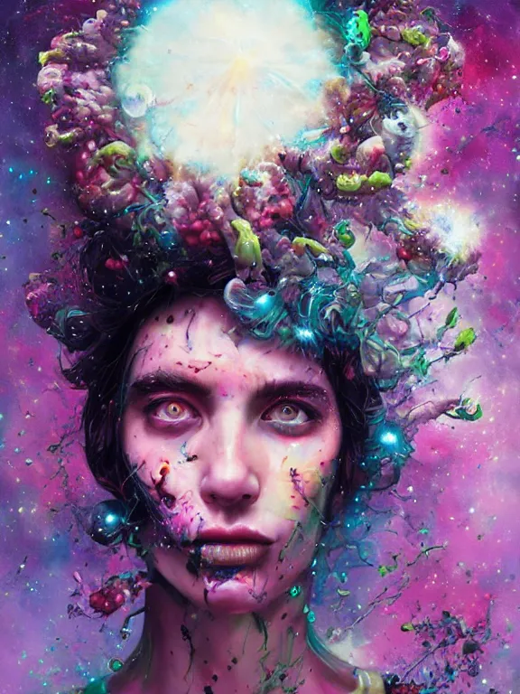 Prompt: art portrait of space zombie with flower exploding out of head,8k,by tristan eaton,Stanley Artgermm,Tom Bagshaw,Greg Rutkowski,Carne Griffiths,trending on DeviantArt,face enhance,hyper detailed,minimalist,cybernetic, android, blade runner,full of colour