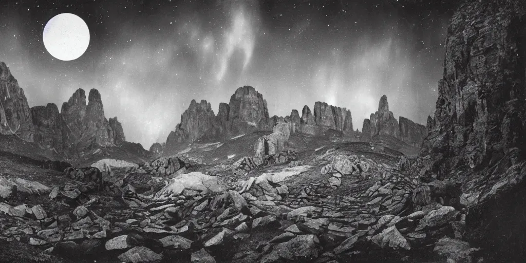 Image similar to 1920s photography historical photo of nightsky, but stars are circles, roots growing in the sky, in the dolomites, forest, dolomites, alpine, detailed intricate insanely detailed octane render, 8k artistic 1920s photography, photorealistic, black and white, chiaroscuro, hd, by David Cronenberg, Raphael, Caravaggio