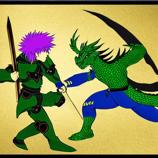 Image similar to dragon fight vs knight in green car with blue armor and a gold sword, berserk, manga