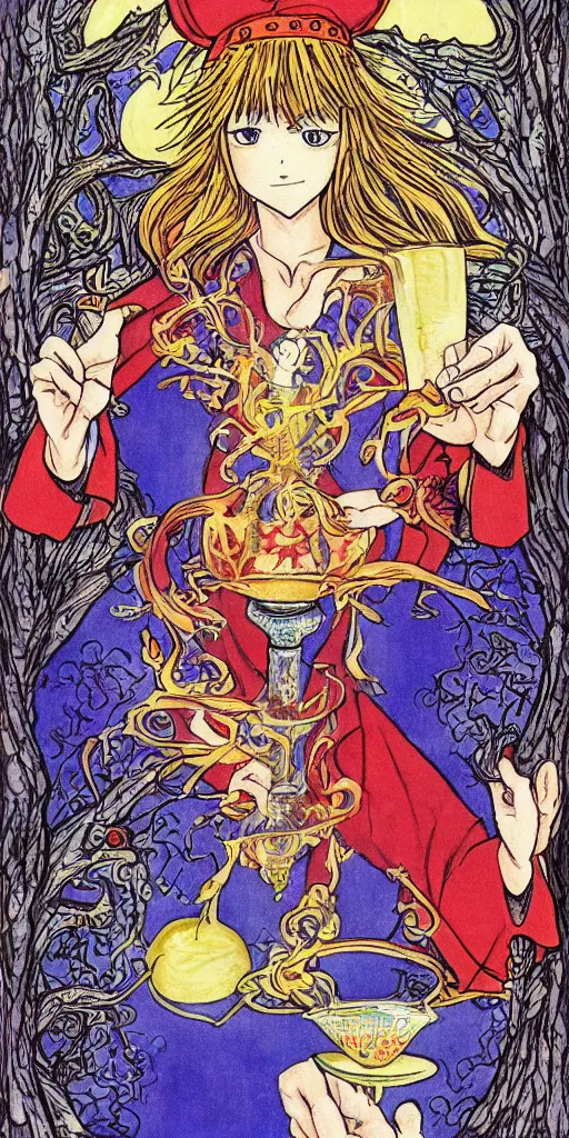 Image similar to a mystical man with a goblet on the table, wizard hat, drawn by Naoko Takeuchi, impressive line work, tarot card. tarot card the magician, psychedelic, intricate