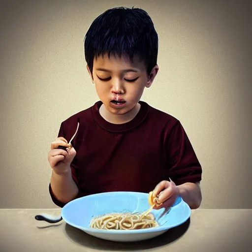 Image similar to a photorealistc digital art of a young asian boy eating noodles, award winning photography, trending on artstation