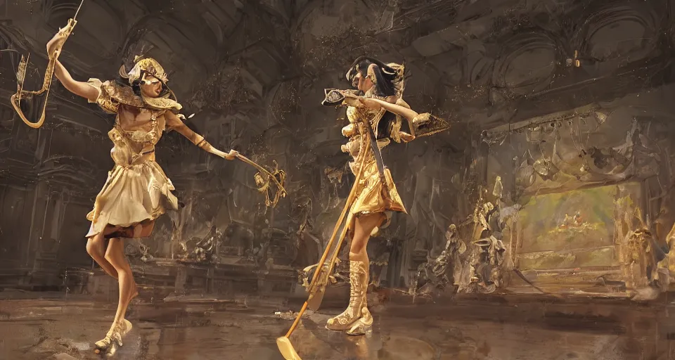 Prompt: craig mullins and ghibli digital art of on the huge stage, the masked female violinist playing alone, she wore a strong exotic costumes, gold ornaments, black hair, circulation string sound with graceful figure, evoke the desire of every audience present. unreal engine, hyper realism, realistic shading, cinematic composition, realistic render, octane render, detailed textures, photorealistic, wide shot