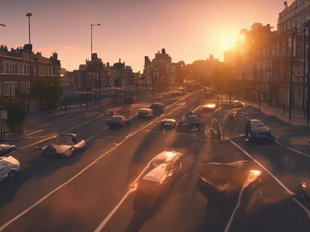 Image similar to 3 cars on london street, dramatic higher up cinematic angle, bright sunset lighting, unreal engine