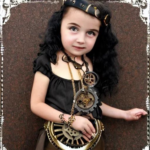 Prompt: steampunk little girl wears a clock necklace in steampunk world