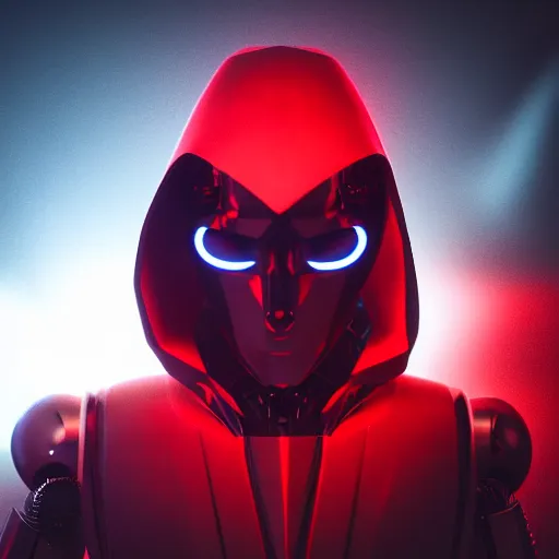 Image similar to a robot, with dark glowing red eyes, wearing a dark hood and cloak, dramatic lighting, cinematic, Unreal Engine render, 8k