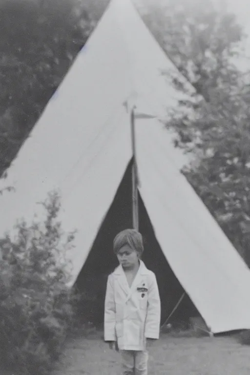 Image similar to photo polaroid of a sad and lonely child in a white coat and barefoot stands in the middle from behind the camera many big tents of field hospitals, pandemic, covid, loneliness, black and white ,photorealistic, 35mm film,