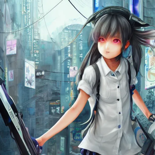 Image similar to dynamic composition, motion, ultra-detailed, incredibly detailed, a lot of details, amazing fine details and brush strokes, colorful and grayish palette, smooth, HD semirealistic anime CG concept art digital painting, watercolor oil painting of Clean and detailed post-cyberpunk sci-fi close-up schoolgirl in asian city in style of cytus and deemo, blue flame, relaxing, calm and mysterious vibes,, by a Chinese artist at ArtStation, by Huang Guangjian, Fenghua Zhong, Ruan Jia, Xin Jin and Wei Chang. Realistic artwork of a Chinese videogame, gradients, gentle an harmonic grayish colors. set in half-life 2, Matrix, GITS, Blade Runner, Neotokyo Source, Syndicate(2012), dynamic composition, beautiful with eerie vibes, very inspirational, very stylish, with gradients, surrealistic, dystopia, postapocalyptic vibes, depth of field, mist, rich cinematic atmosphere, perfect digital art, mystical journey in strange world