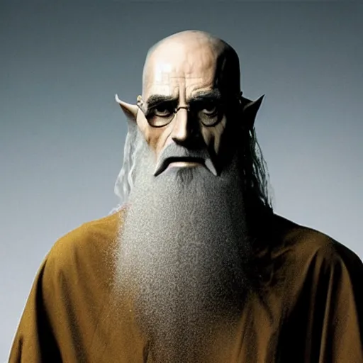 Prompt: Saruman wearing 3M gas mask on top of his head like Walter White