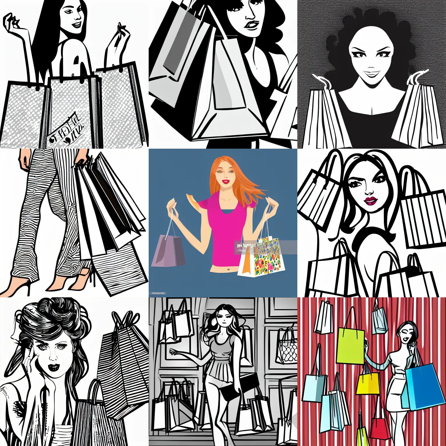 Prompt: illustration vector fine line art of pretty face sexy shopping girl with shopping bags,trending on shutterstock