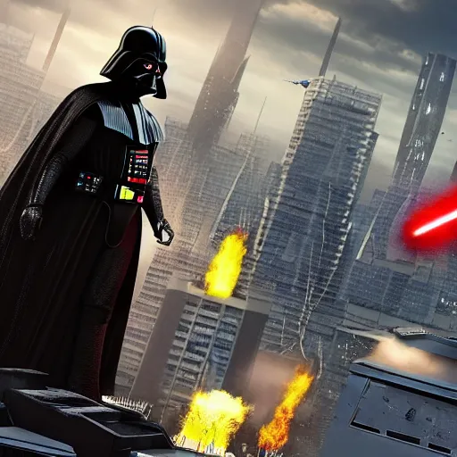 Prompt: a highly detailed intensely cinematic action scene showing Darth Vader fighting against a massive 700ft tall towering electrified Godzilla, Darth Vader using the Force, Godzilla spewing electric flames at Vader, at nightfall in a war-torn Tokyo city scape, realistic scale, Vader 6ft 6in talk floating center left, Godzilla towering over skyscrapers , 8k, wide angle panoramic shot, unreal engine 5, octane render