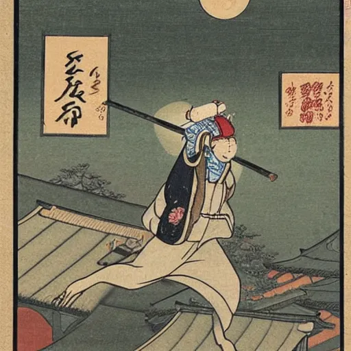 Prompt: a polar bear dressed as a shogun, jumping from the roof into a busy street in 18th century Japan, anime style