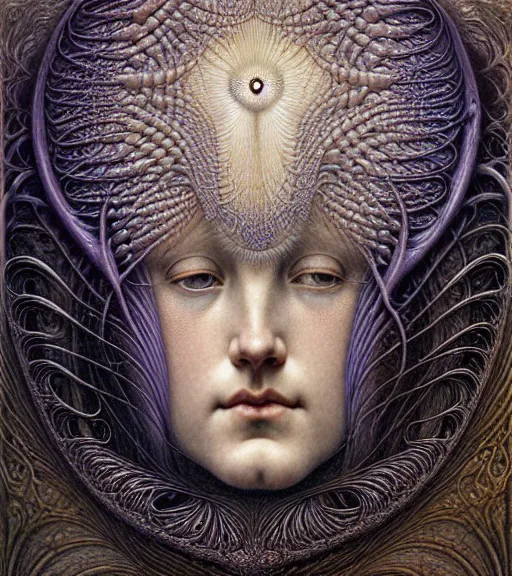 Image similar to detailed realistic beautiful gloaming goddess face portrait by jean delville, gustave dore, iris van herpen and marco mazzoni, art forms of nature by ernst haeckel, art nouveau, symbolist, visionary, gothic, neo - gothic, pre - raphaelite, fractal lace, intricate alien botanicals, ai biodiversity, surreality, hyperdetailed ultrasharp octane render