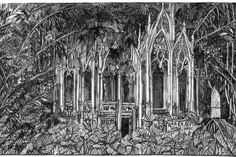 Image similar to ink illustration of a temple complex in a jungle clearing, gothic revival architecture