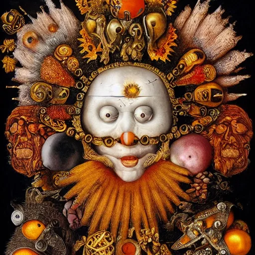 Image similar to album cover, religious reliquary, black, white, orange, psychedelic, giuseppe arcimboldo