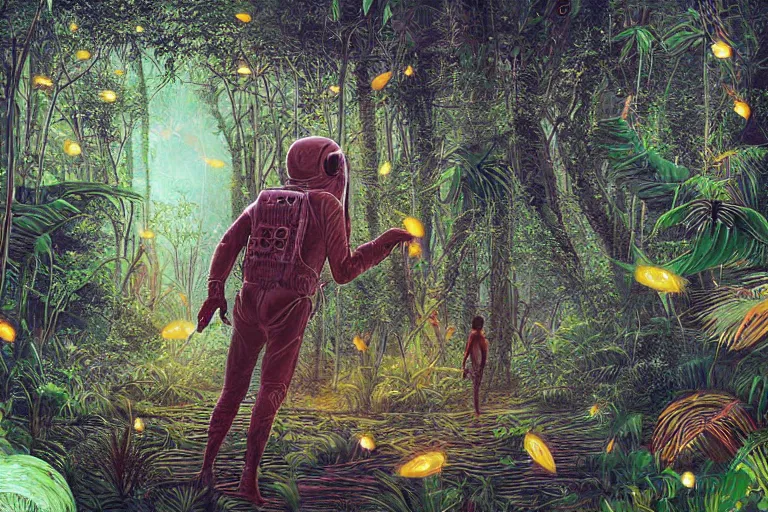 Prompt: digital art of a surreal jungle, astronaut walking, mysterious crazy world, talking creatures, raining at night, fireflies