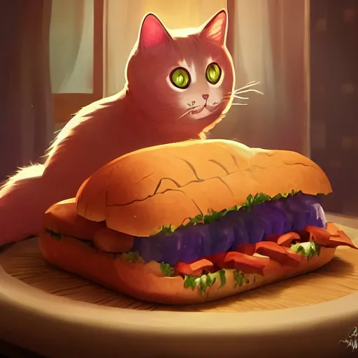 Image similar to shocked cat running away from the giant carnivorous sandwich, artstation hq, dark phantasy, stylized, symmetry, modeled lighting, detailed, expressive, created by hayao miyazaki