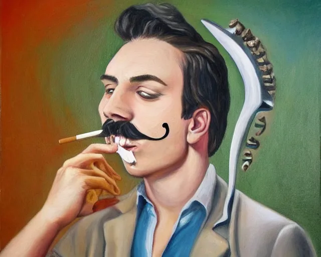 Image similar to a surreal painting of a young man with a horseshoe mustache smoking a joint