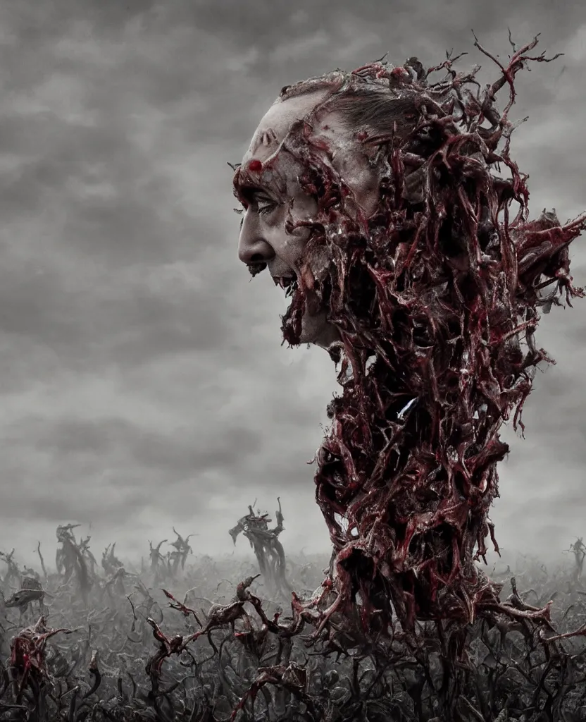 Image similar to endless field stretching to the horizon made from rotten bloody corpses of Nicolas Cage, body horror, flesh, blood, grotesque hell, highly detailed, vivid colors, dark shadows, contrast, concept art, sharp focus, digital art, Hyper-realistic, 4K, Unreal Engine, Highly Detailed, Dramatic Lighting, Beautiful, by Brom, bastien lecouffe-deharme