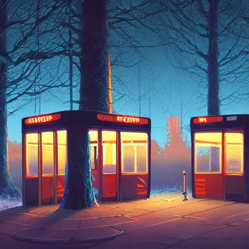 Prompt: dark room bus stop, painting by Dan Mumford and Filip Hodas,ArtStation