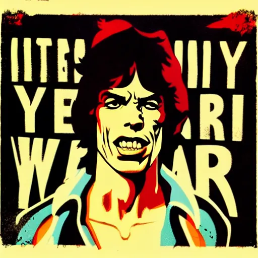 Prompt: individual youthful mick jagger silk screen butcher billy style