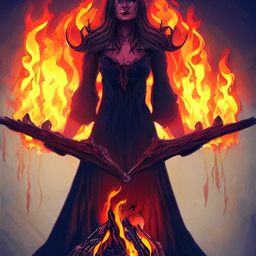 Image similar to witch stands on a fire burning pyre of bones, surrounded by flames, artstation