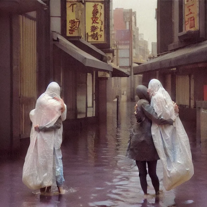 Image similar to two women hugging with a paper bag over the head, dressed in plastic bags, on flooded street of tokyo, highly detailed, artstation, art by , edward hopper, zdislav beksinski, wayne barlowe