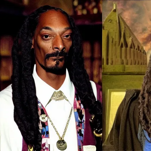 Image similar to snoop dogg as wizard in hogwarts, photo, movie clip