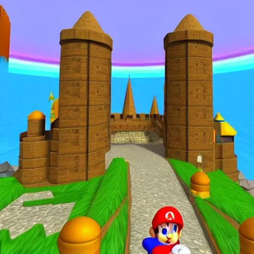 Prompt: lost Mario 64 level, mystical castle made of crystals with spiral staircase leading to the towering spire, island in the night sky full of stars and rainbows, shimmering water full of cherry blossom leaves, low poly, game screenshot