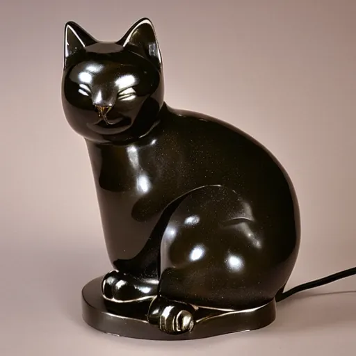 Prompt: a lamp in the shape of a cat with black accents designed by louis comfort tiffany