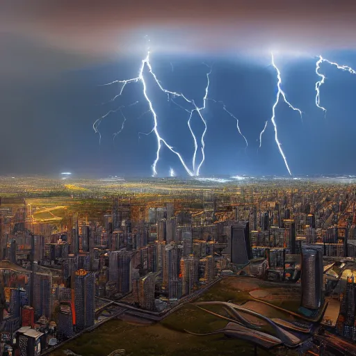 Image similar to Wide shot of colossal futuristic megacity towering across the landscape, thunder storm, Ralph McQuarrie, EOS-1D, f/16, ISO 200, 1/160s, 8K