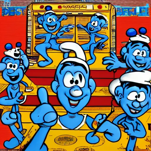 Image similar to the smurfs on the beastie boys album cover, 8 k resolution hyperdetailed photorealism