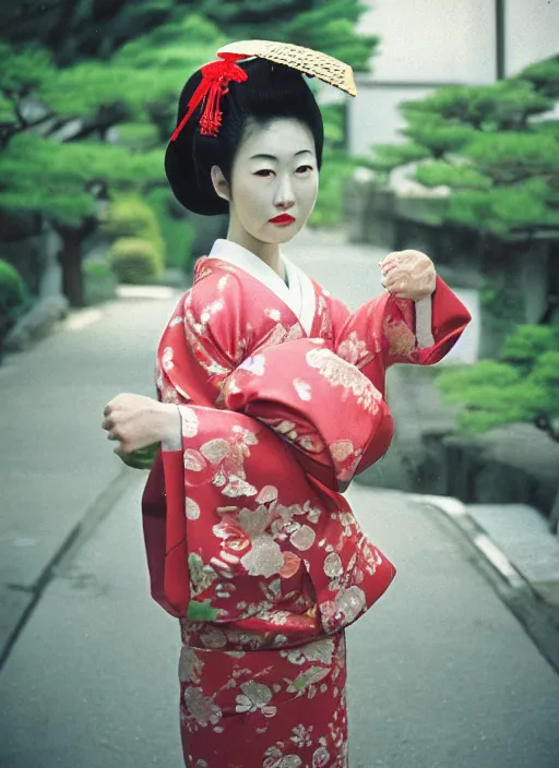 Geisha in kimono rosso seduta su un · Creative Fabrica