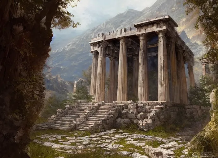 Prompt: An abandoned greek temple in mountains of Larissa, a fantasy digital painting by Greg Rutkowski and James Gurney, trending on Artstation, highly detailed