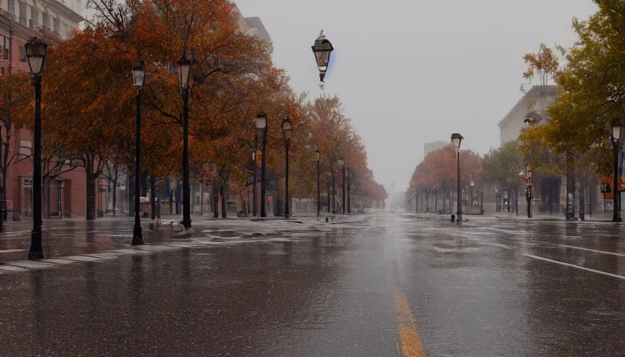 Image similar to empty wet streets of washington dc, rainy day, leafs, dirty ground, hyperdetailed, artstation, cgsociety, 8 k