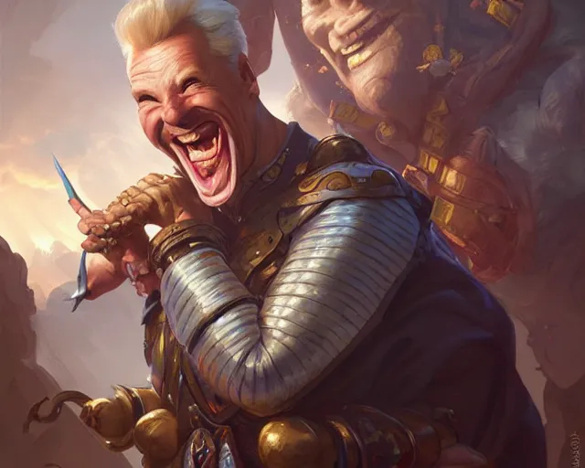 Prompt: david lister laughing at arnold rimmer, deep focus, d & d, fantasy, intricate, elegant, highly detailed, digital painting, artstation, concept art, matte, sharp focus, illustration, hearthstone, art by artgerm and greg rutkowski and alphonse mucha