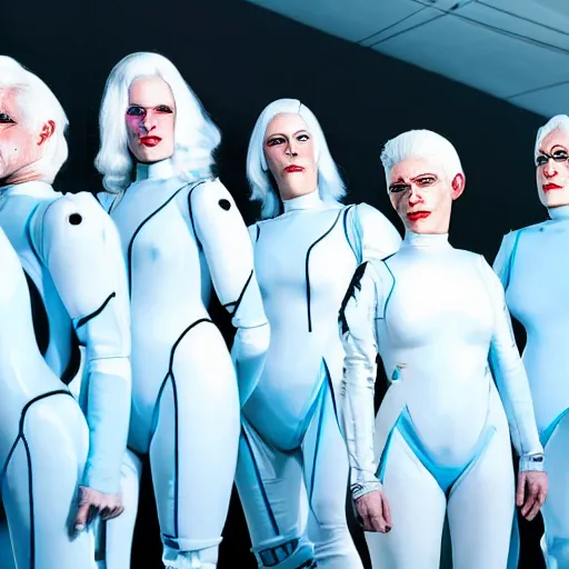 Image similar to troop of freak show women with white hair, white hair, tight light blue neopren suits, futuristic production facility, sci - fi, highly detailed, cinematic