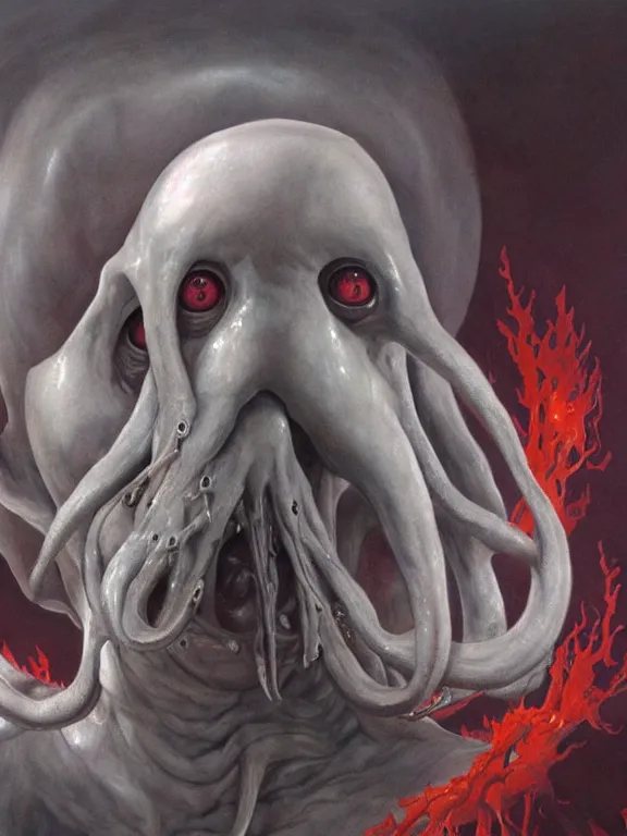 Image similar to wayne barlowe painting of a flying sorrowful looking severed human head with tears running down it's eyes, face that is chalk white in color, with long white tentacles stemming from it's neck, fiery scorching red eyes, background sprawling terrifying hellish cave with lava flowing through it's walls, 4 k