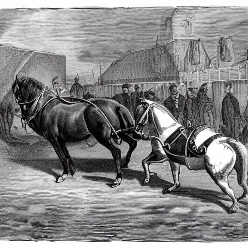 Image similar to a horse pulling a big canon behind his him. the canon is harnessed to the horse and towed