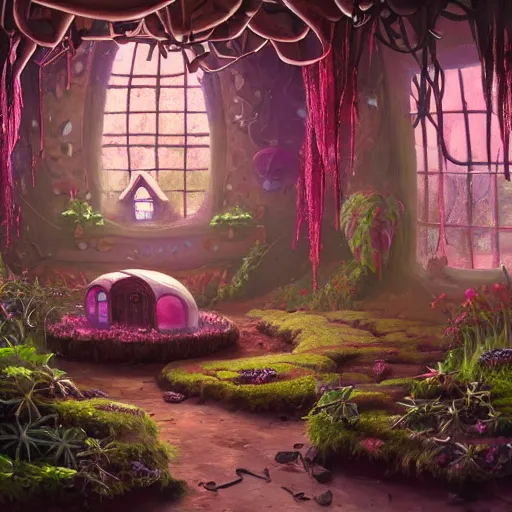 Image similar to concept art painting of a interior of a cozy alien fantasy cottage made of mushrooms and fungus, circular windows, with black vines and magenta houseplants, realistic, detailed, cel shaded, dark, in the style of makoto shinkai and greg rutkowski and james gurney