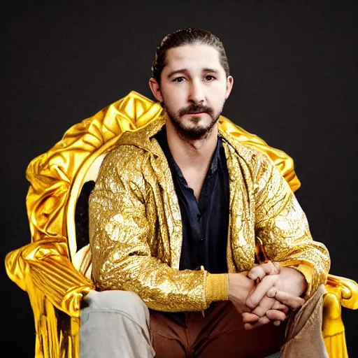 Image similar to HQ photo face picture of Shia Labeouf sitting on a throne wearing a golden crown