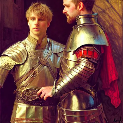 Image similar to attractive arthur pendragon and his attractive male knight, they are in love, natural lighting, path traced, highly detailed, high quality, digital painting, by gaston bussiere, craig mullins, alphonse mucha j. c. leyendecker