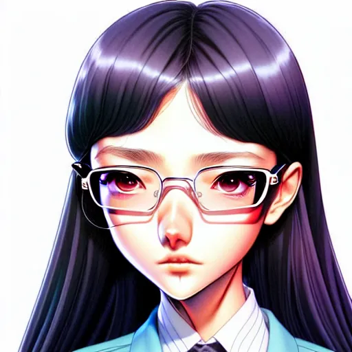 Image similar to depicting an extreme close up face of a dainty young truant female stoner prep highschool school student with medium length silky straight iridescent black hair and lightly suntanned skin, illustrated by Artgerm and Range Murata.