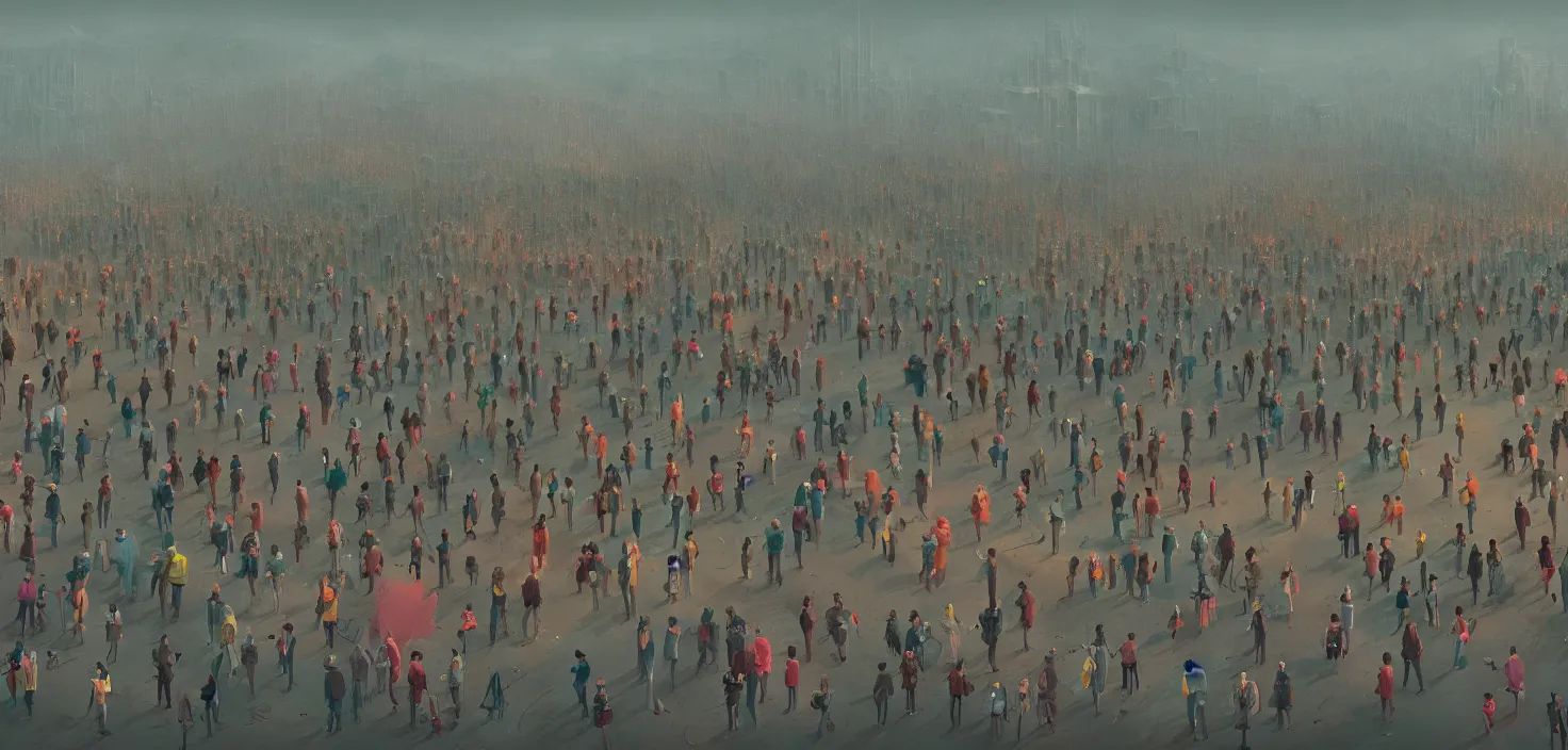 Image similar to an intricate matte painting of crowd of people by simon stalenhag, trending on artstation