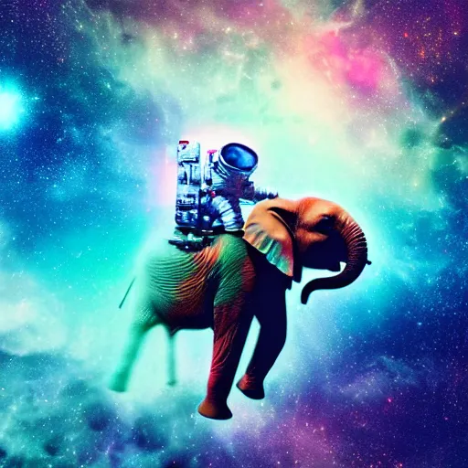 Image similar to astronaut riding! an elephant!! in space, colorful nebula in the background, photorealistic Octane render,