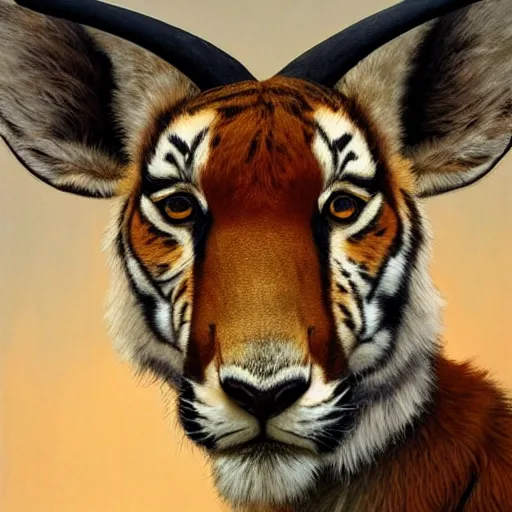 Image similar to a dramatic head portrait of a antelope in!!! tiger!!! skin, cinematic lighting, symmetric face by karol bak, christopher balaskas