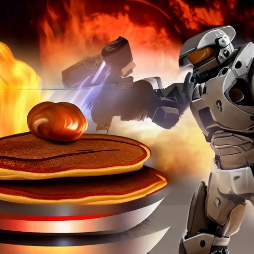 Image similar to master chief wearing a chef hat cooking a stack of pancakes hyper real, 8k, colorful, 3D cinematic